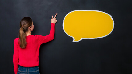 Woman in red sweater points at large yellow speech bubble on blackboard, suggesting communication and expression. scene is creative and engaging