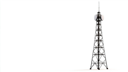 Tall communication antenna tower stands isolated against white background, featuring metal structure with satellite dishes. tower is designed for broadcasting and telecommunications