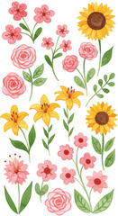 Transparent Watercolor Floral Background With Yellow Sunflowers Roses And Leaves