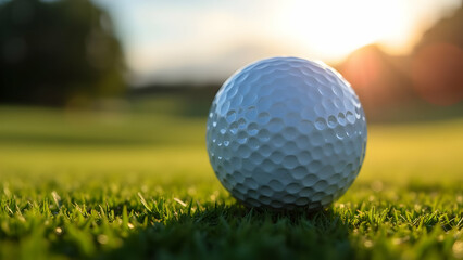 Obraz premium Championship-Quality Golf Ball: Precision Aerodynamics on Professional Course Grass