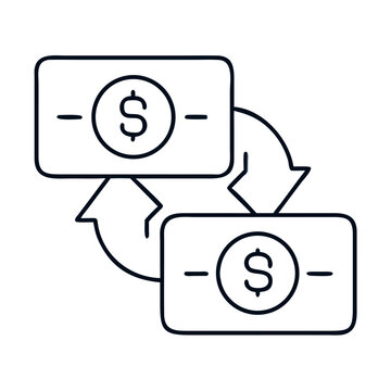 Split payment transaction icon. Two dollar bills exchange in a circular motion symbolizing financial transfer.  This split payment graphic is perfect for finance apps, websites, and presentations.