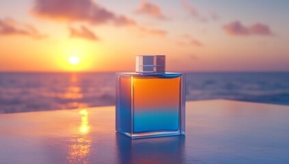 A bottle of blue and orange gradient perfume stands on the table, with an ocean sunset in the background.