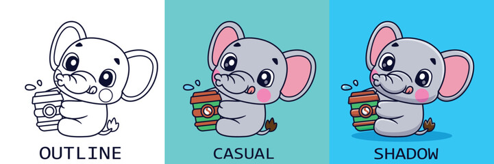 Cute Cartoon Elephant Drinking Coffee Coloring Sheet, Illustration Icon Logo Vector, Cartoon Style Flat