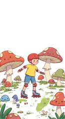 Obraz premium Whimsical Illustration of Boy Roller Skating among Mushrooms with Transparent Background
