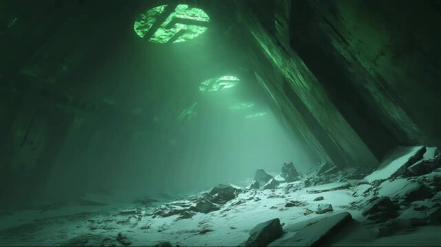Alien territory glows beneath water, hidden from human eyes. Territory filled with ancient architecture and strange green energy. Alien signs cover walls of secret submerged territory.