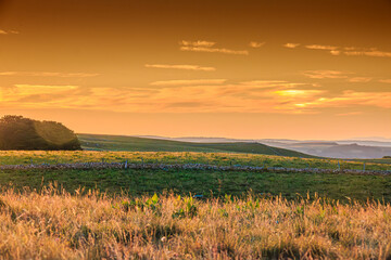 Evening landscape on the Aubrac mountains.
Field and hills on a beautiful spring evening in central France, with rock and stone walls.
