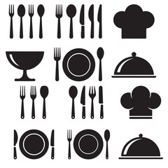 Restaurant Menu Icons Cutlery, Plates, Chef Hats, and Food Domes, Fork, spoon, knife, plate, chef hat, and cloche or tray icons