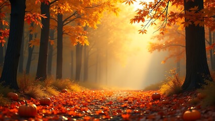Bright sun illuminates a colorful autumn forest path with vibrant red and yellow leaves