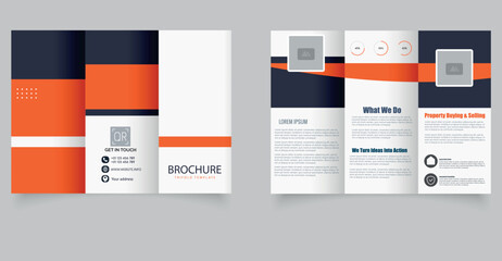 Modern Trifold Business Brochure Template. Professional trifold business brochure template in orange and dark blue color scheme