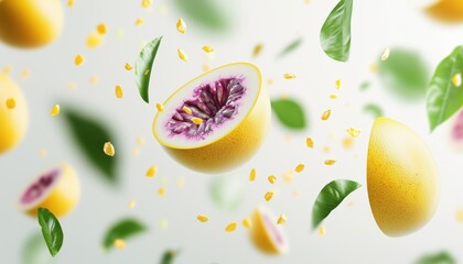 Passion Fruit Leaves Floating In White Space: Zero Gravity Levitation Captured In High Resolution Photography. A Stunning Visual Experience.