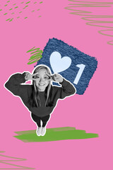 Vertical poster art collage of happy girl stand bubble icon notification social media influencer text box chatting reaction