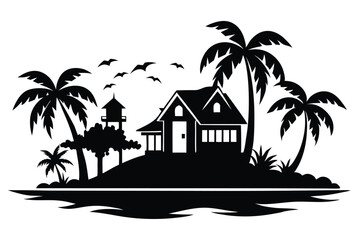 Obraz premium Tropical Island Home Silhouette with Palm Trees and Birds in the Sky