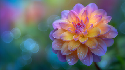 Delicate dahlia flower in pastel hues with dew drops and soft bokeh