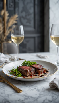 A plate of beef steak with gold cutery and a glass of white wine in a luxurious restaurant.