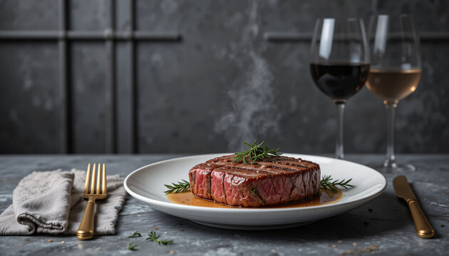 A plate of beef steak with gold cutery and a glass of red wine in a luxury restaurant.