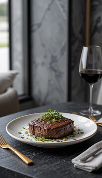 A plate of beef steak with gold cutery and a glass of red wine in a luxury restaurant.