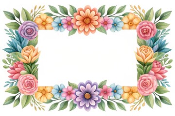 Obraz premium Botanical watercolor frame with assorted floral elements Floral frame design with colorful flowers and leaves, perfect for invitations or artwork.