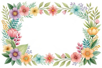 Obraz premium Botanical watercolor frame with assorted floral elements Floral border design featuring various colorful flowers and leaves.