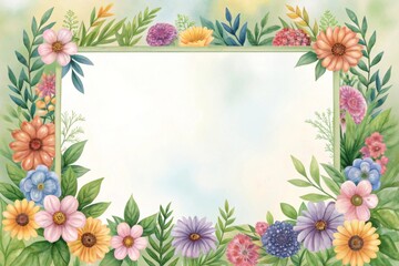 Obraz premium Botanical watercolor frame with assorted floral elements Floral border illustration with blank space for text or design.