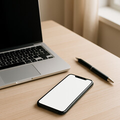 Minimalist Workspace with Smartphone on Wooden Desk, Soft Natural Lighting
