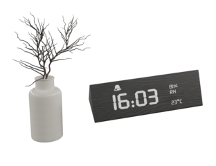Digital Wood Alarm Clock and Vase isolated on white