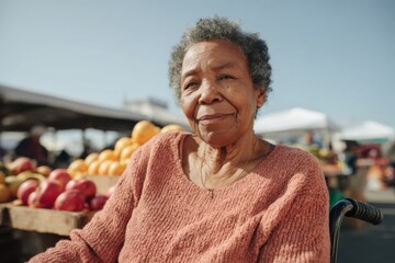 Black Woman in Wheelchair Enjoys Vibrant Outdoor Market While Selecting Fresh Fruits and Vegetables on a Sunny Day