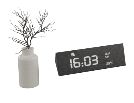 Digital Wood Alarm Clock and Vase isolated on white