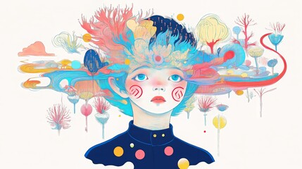 Fototapeta premium Surreal child portrait with whimsical floral and tree elements in vibrant colors