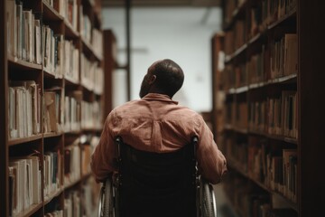 Individual in Wheelchair Enjoys Reading a Book in an Inviting Library Setting During a Quiet Afternoon