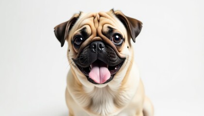 Playful pug looking directly at camera, white backdrop, single, wrinkles, portrait