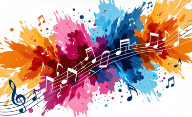 splashed colorful watercolor background with musical sheet and notes