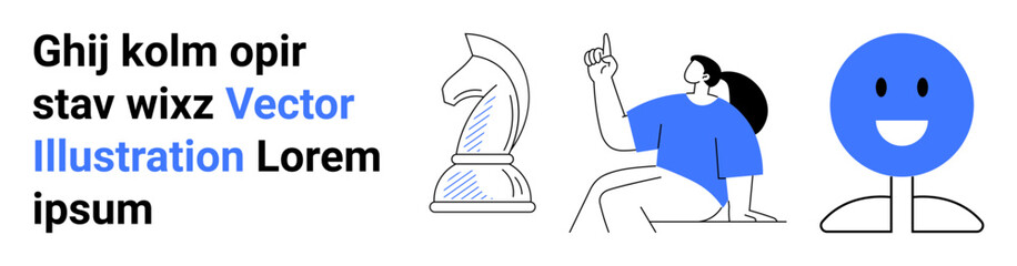 Woman pointing upward beside a chess knight and smiling face. Ideal for strategy, creativity, teamwork, planning, leadership, innovation, simple landing page