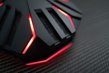 Aggressive black/red Wi-Fi router with sharp angles, RGB lighting with copy space. 