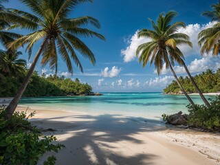 Obraz premium Empty tropical beach with turquoise water, white sand and palm trees