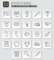 Butcher Shop Essential Icon Collection: Editable Vector Set for Culinary and Meat-Related Designs, Professional Quality