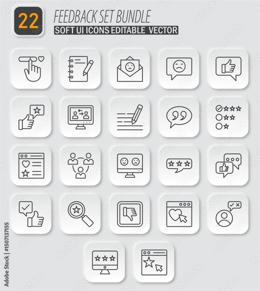Poster collection of feedback icons set with editable vector and soft ui elements representing various opin