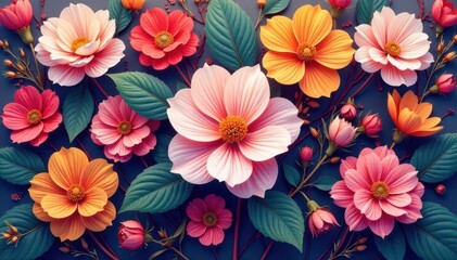 Continuous floral motif; vibrant hues interweave organically , aesthetic, textile, graphics