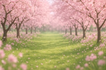 Cherry Blossom Garden with Wooden Bridge and Mossy Log – Spring Background for Portraits
