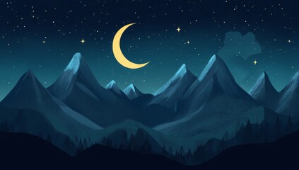 Fototapeta premium A serene night sky with stars and a crescent moon over mountains, symbolizing Ramadan