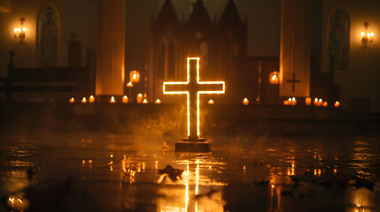 Candlelit Christian Cross in Dark Worship Atmosphere – Illuminated Sacred Symbol