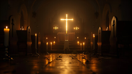 Candlelit Christian Cross in Dark Worship Atmosphere – Illuminated Sacred Symbol