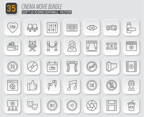 Collection of 35 minimalist cinema and movie icons, soft UI style, editable vector for modern interfaces