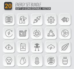 20 Energy Set Bundle - Soft UI Icons Editable Vector: Sustainable energy solutions for a greener future