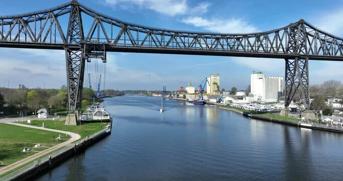 Kiel canal, The Rendsburg High Bridge, railway viaduct over canal for ships to pass under.