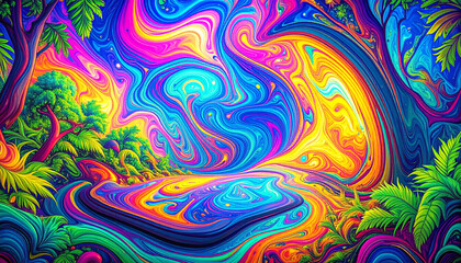 Vibrant Psychedelic Tropical Landscape Colorful Swirls and Lush Foliage
