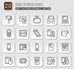 A Comprehensive Set of Soft UI Icons Representing Mobile Technology and Digital Accessories for Modern User Interface Designs