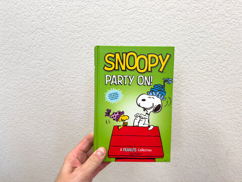 Snoopy Party On! Peanuts Comic Book Cover Held Against Wall

