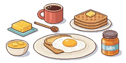Pixel Art Breakfast Items – 8-bit Food Icons on White Background

