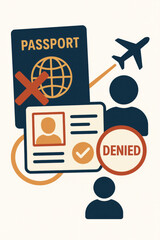 Passport denied stamp visa rejection immigration concept. Travel ban border control restriction. International flight cancelled document verification failed identity refused application