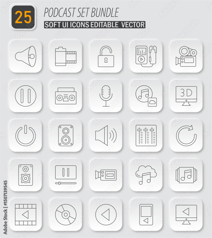 Poster podcast and multimedia application icons set with editable vector design options for digital project
